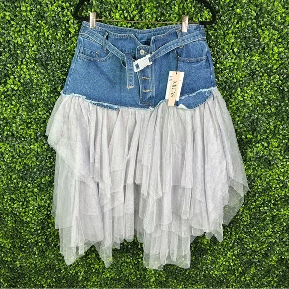 Nwt Micas Denim Mesh Patchwork High Waist denim and tulle Skirt - Picture 10 of 17